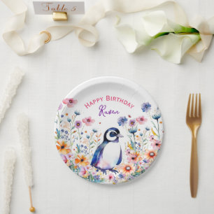 Penguin in Flowers Girl's Birthday Personalised Paper Plate