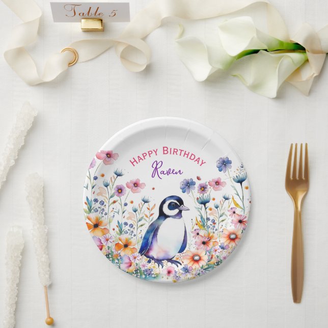 Penguin in Flowers Girl's Birthday Personalised Paper Plate (Wedding)