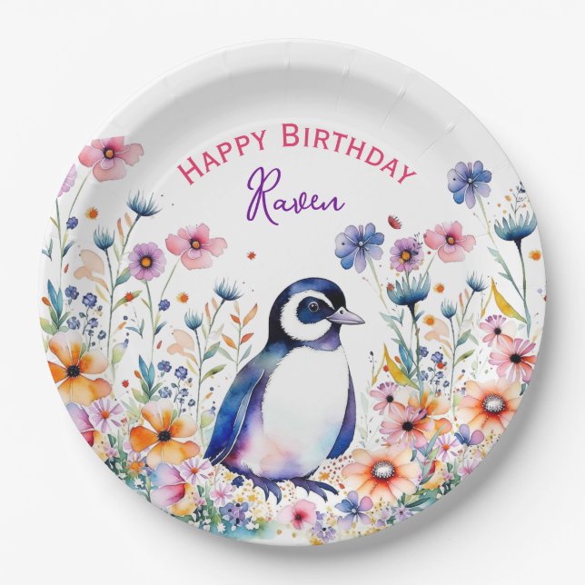 Penguin in Flowers Girl's Birthday Personalised Paper Plate (Front)