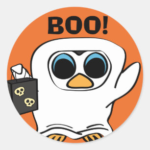 Penguin in Ghost Costume Trick or Treat Classic Round Sticker