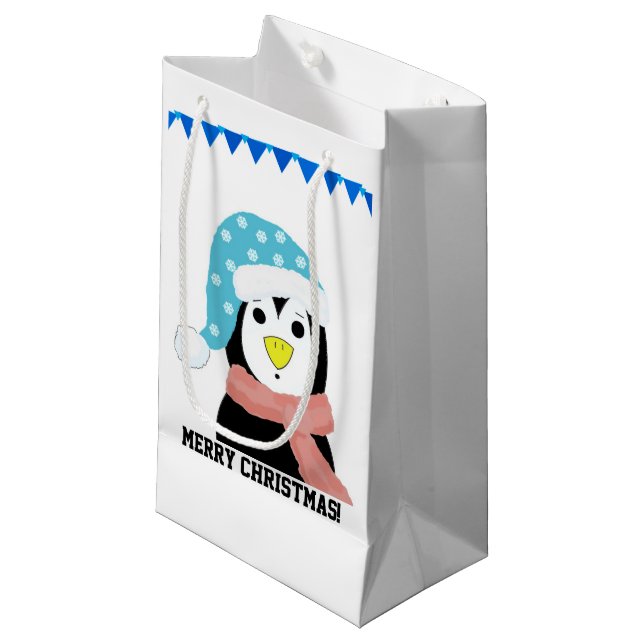 Penguin in Holiday Hat and Scarf Small Gift Bag (Front Angled)