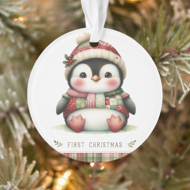 Penguin in Holly Hat & Patchwork Sweater Ornament (Tree)