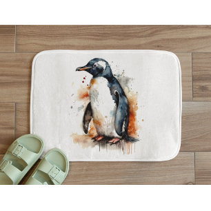 penguin in orange and black water colour bath mat