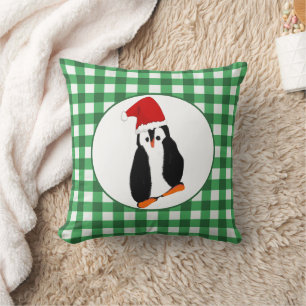 Penguin in Santa Hat Green Gingham Merry Christmas Cushion