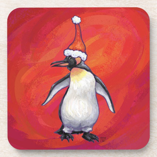 Penguin in Santa Hat on Red Coaster (Front)