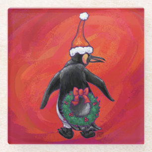 Penguin in Santa Hat on Red Glass Coaster