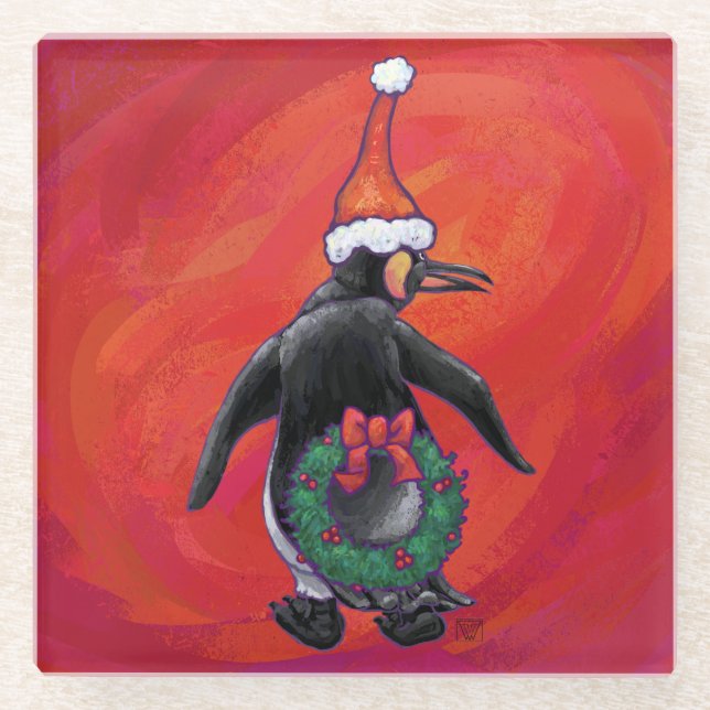 Penguin in Santa Hat on Red Glass Coaster (Front)
