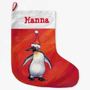 Penguin in Santa Hat on Red Large Christmas Stocking
