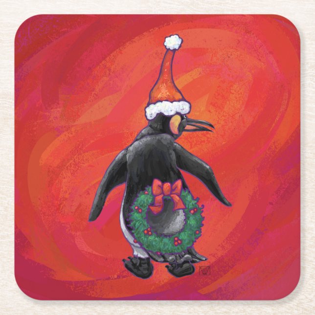 Penguin in Santa Hat on Red Square Paper Coaster (Front)