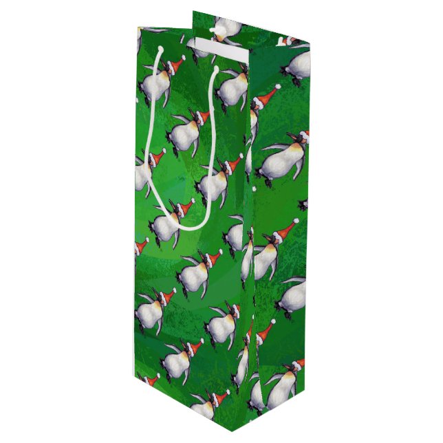 Penguin in Santa Hat Pattern on Green Wine Gift Bag (Front Angled)