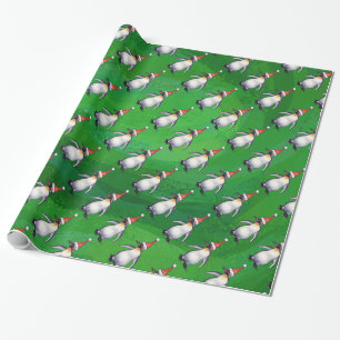 Penguin in Santa Hat Pattern on Green Wrapping Paper