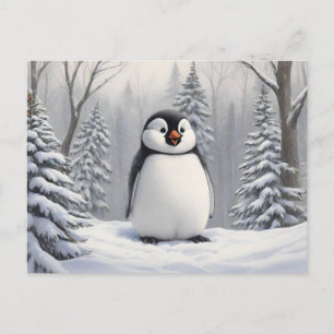 Penguin in snow tree background  postcard