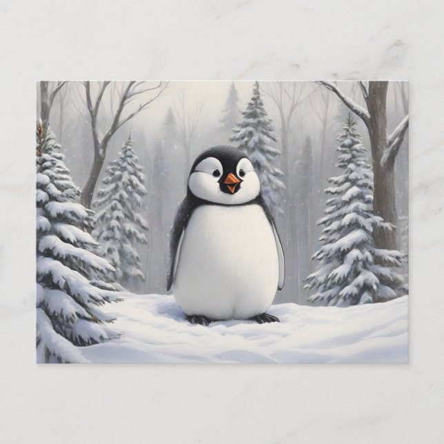 Penguin in snow tree background  postcard (Front)