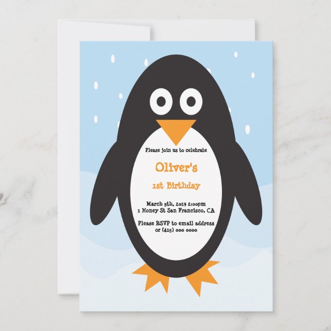 Penguin invitation perfect for a winter birthday (Front)