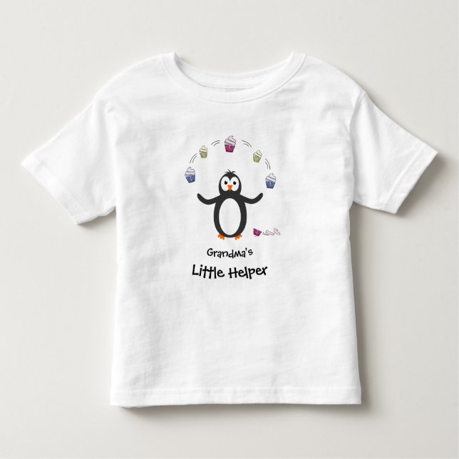 Penguin juggling cupcakes little helper add name toddler T-Shirt (Front)