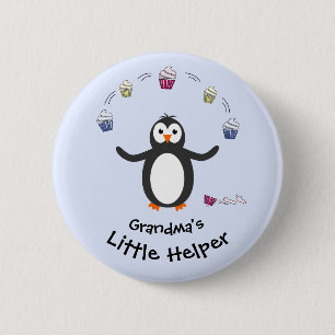 Penguin juggling cupcakes little helper blue 6 cm round badge