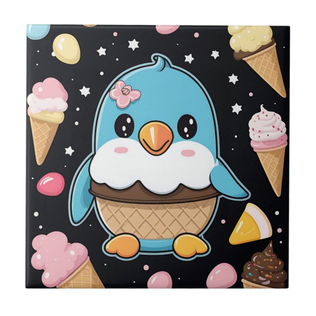Penguin Kawaii Ice Cream Ceramic Tile (Front)