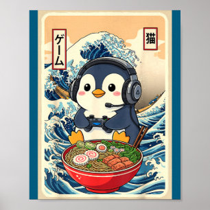 Penguin Kawaii Japanese Ramen Noodle Retro Gaming  Poster