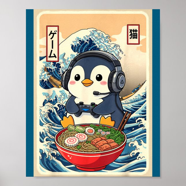 Penguin Kawaii Japanese Ramen Noodle Retro Gaming  Poster (Front)
