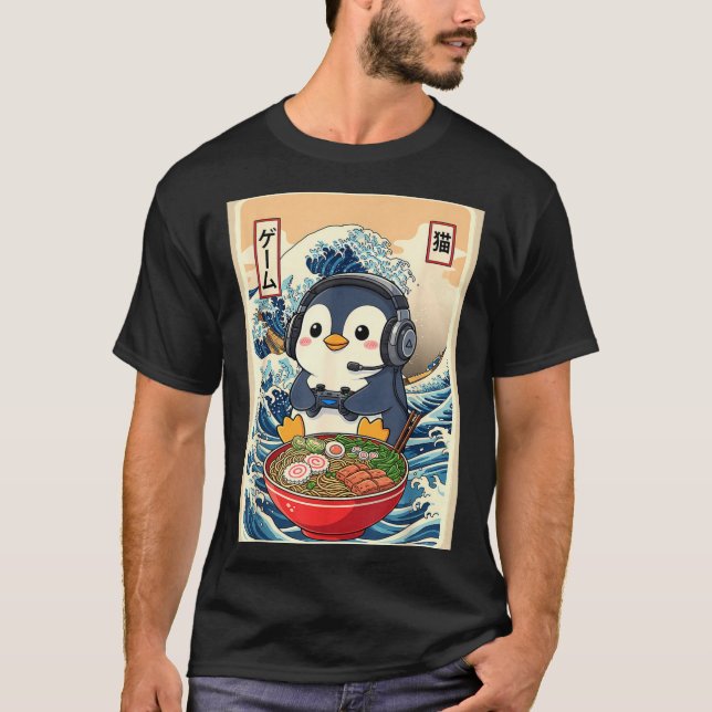 Penguin Kawaii Japanese Ramen Noodle Retro Gaming  T-Shirt (Front)