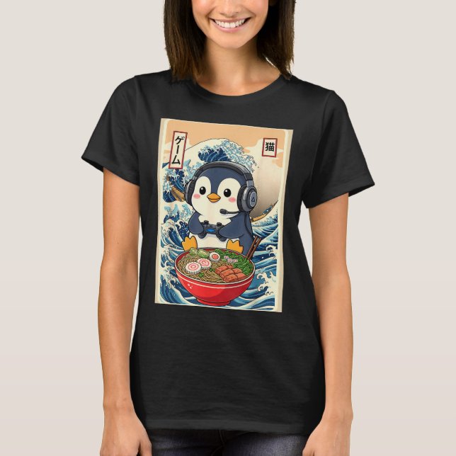 Penguin Kawaii Japanese Ramen Noodle Retro Gaming  T-Shirt (Front)