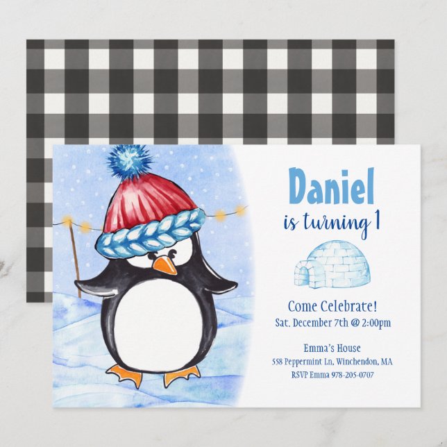 Penguin Kids Birthday Party Invitation (Front/Back)