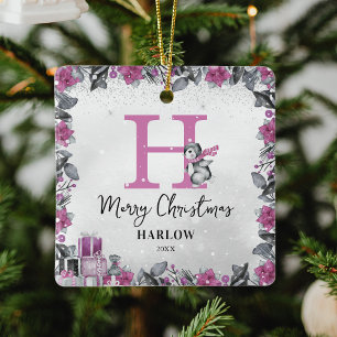 Penguin Kids Name Monogram Christmas Ceramic Ornament