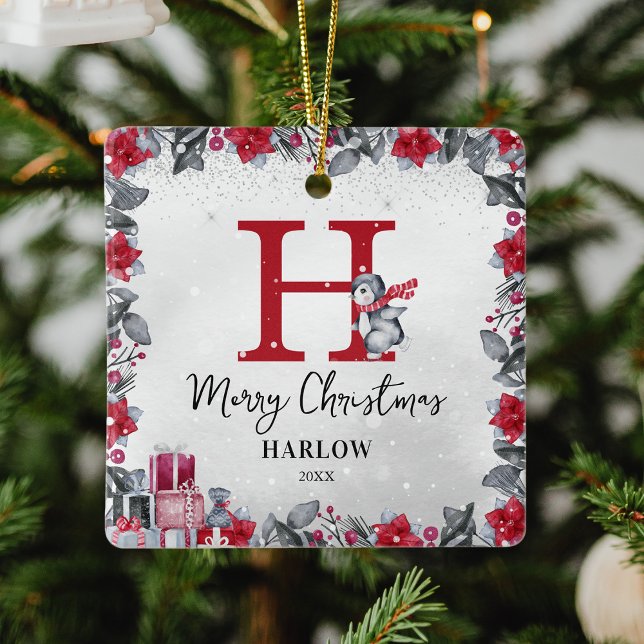 Penguin Kids Name Monogram Christmas Ceramic Ornament (Creator Uploaded)