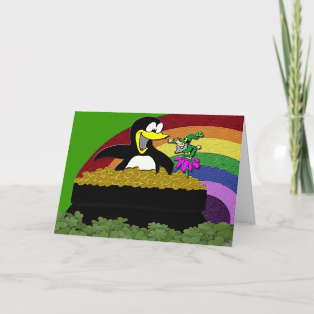 Penguin, Leprechaun, Gold and Rainbow Card (Front)