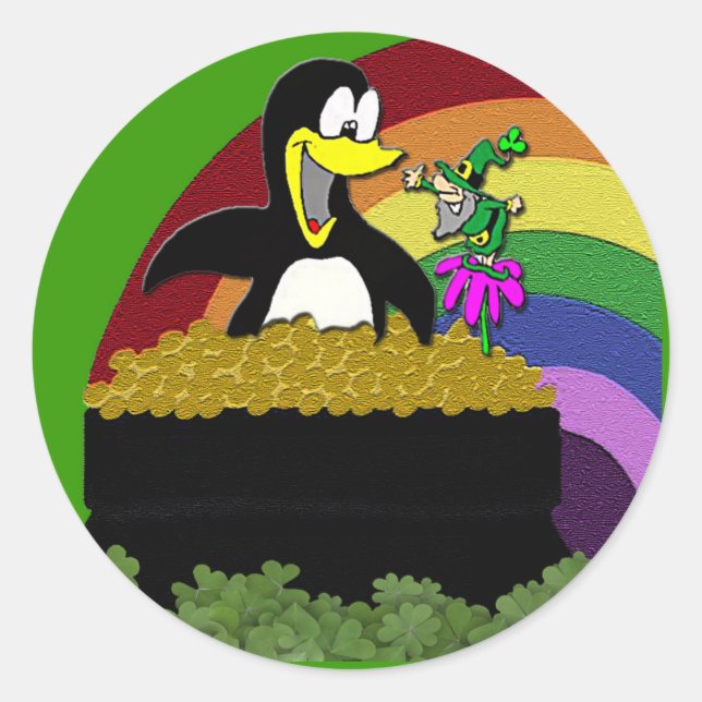 Penguin, Leprechaun, Gold and Rainbow Classic Round Sticker (Front)