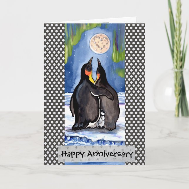 Penguin Love Aurora Anniversary Card Personalise (Front)