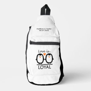 Penguin Love custom names & date Sling Bag