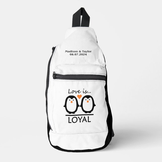 Penguin Love custom names & date Sling Bag (Front)
