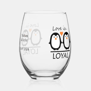 Penguin Love custom names & date Stemless Wine Glass