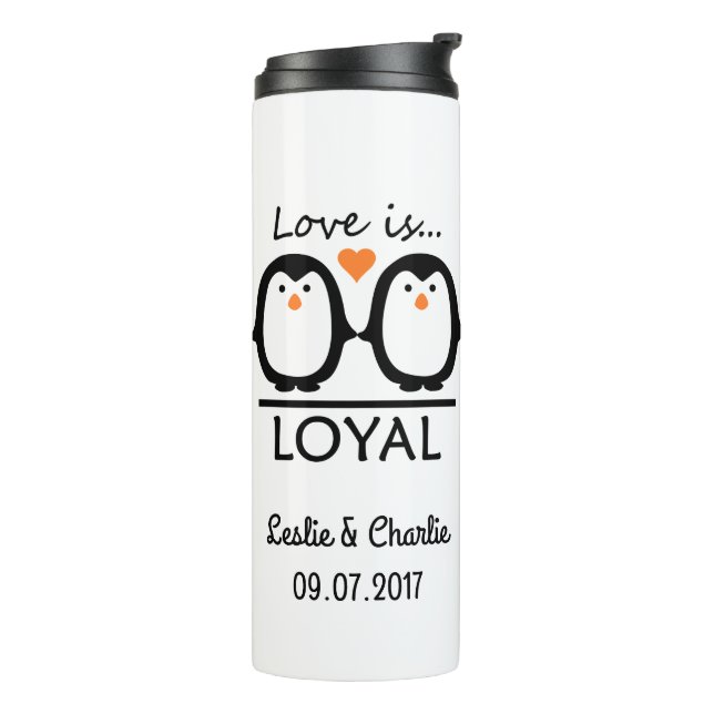 Penguin Love custom names & date tumbler (Rotated Left)