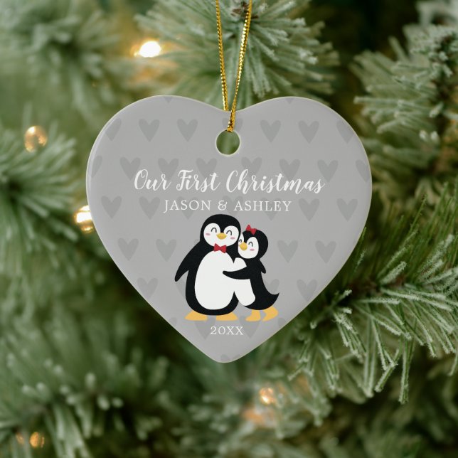 Penguin Love Our First Christmas Ceramic Ornament (Tree)