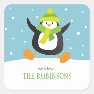 Penguin Loves Snow   Square Holiday Gift Stickers