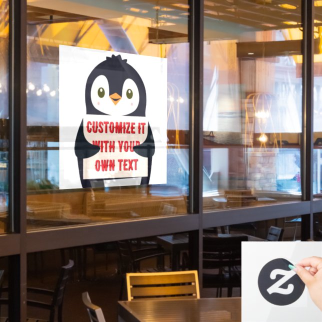Penguin mascot holding a sign for custom text (Restaurant Window)