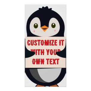 Penguin mascot holding a sign for custom text