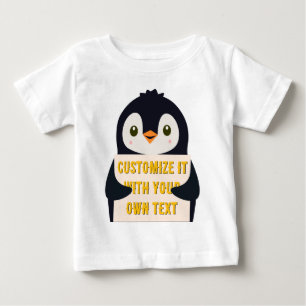 Penguin mascot holding a sign for custom text baby T-Shirt