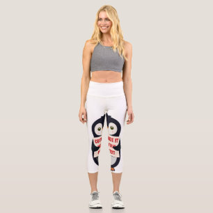 Penguin mascot holding a sign for custom text capri leggings