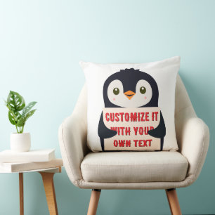 Penguin mascot holding a sign for custom text cushion
