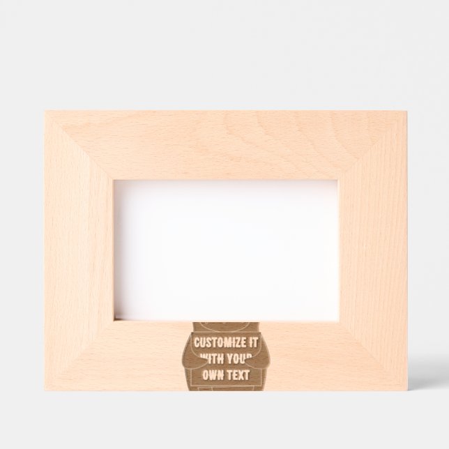 Penguin mascot holding a sign for custom text etched frames (Front)