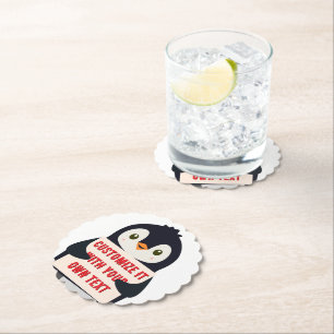 Penguin mascot holding a sign for custom text paper coaster