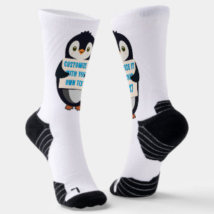Penguin mascot holding a sign for custom text socks