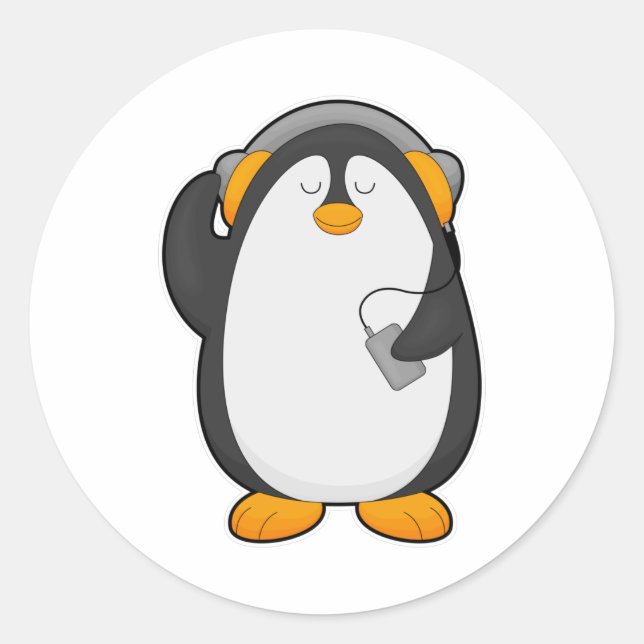 Penguin & Mobile phone with Headset Classic Round Sticker (Front)