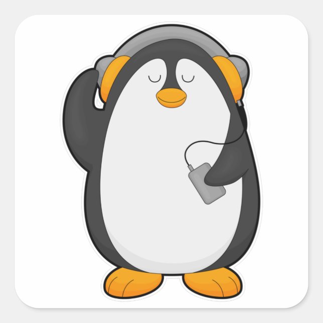 Penguin & Mobile phone with Headset Square Sticker (Front)
