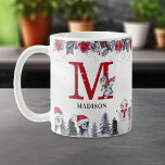 Penguin Monogram Name Christmas Coffee Mug<br><div class="desc">Cute red christmas mug featuring a elegant watercolor xmas florals & foliage,  adorable baby penguins,  snowman,  gifts,  your initial and name.</div>