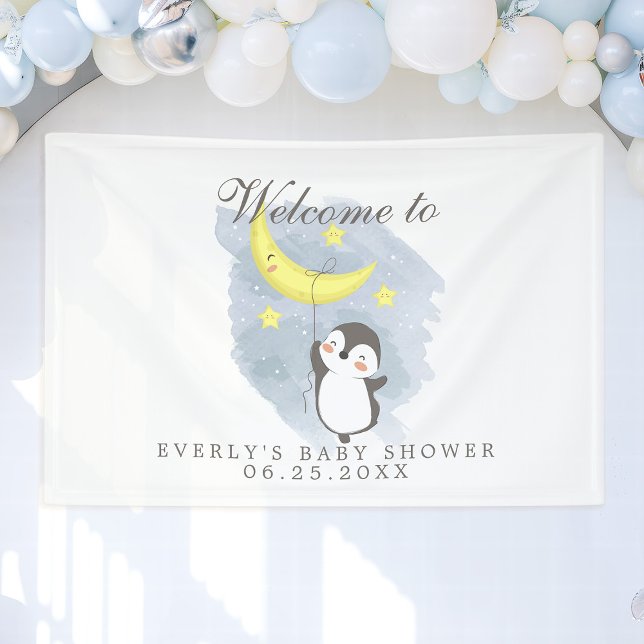 Penguin Moon Cute Watercolor Baby Shower Welcome Banner (Creator Uploaded)