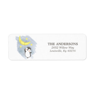 Penguin Moon Watercolor Baby Shower Return Address Label